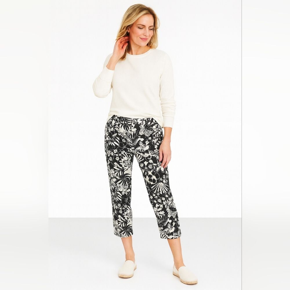 Chico’s 3/XL Floral Print Ankle Pants Black White Tropical Cropped Linen Bland